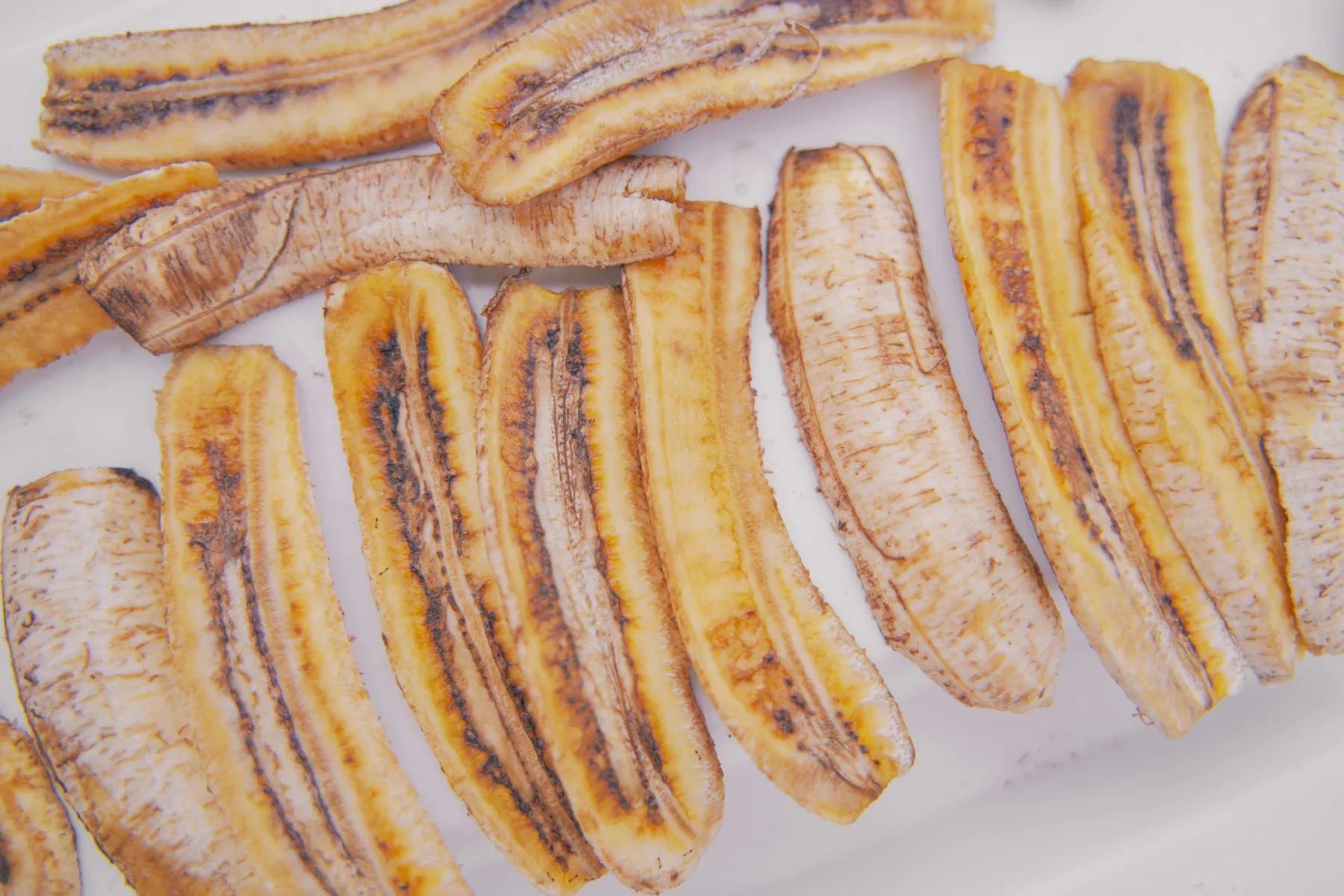 Dried banana slices arranged for inspection